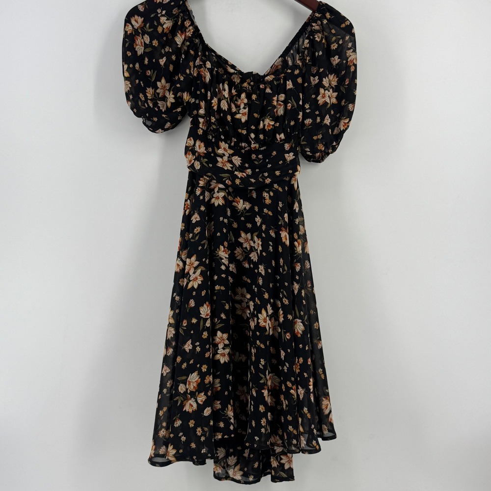 Blush & Day Floral Chiffon Open Back Puff Sleeve Mini Dress Black Orange Large
